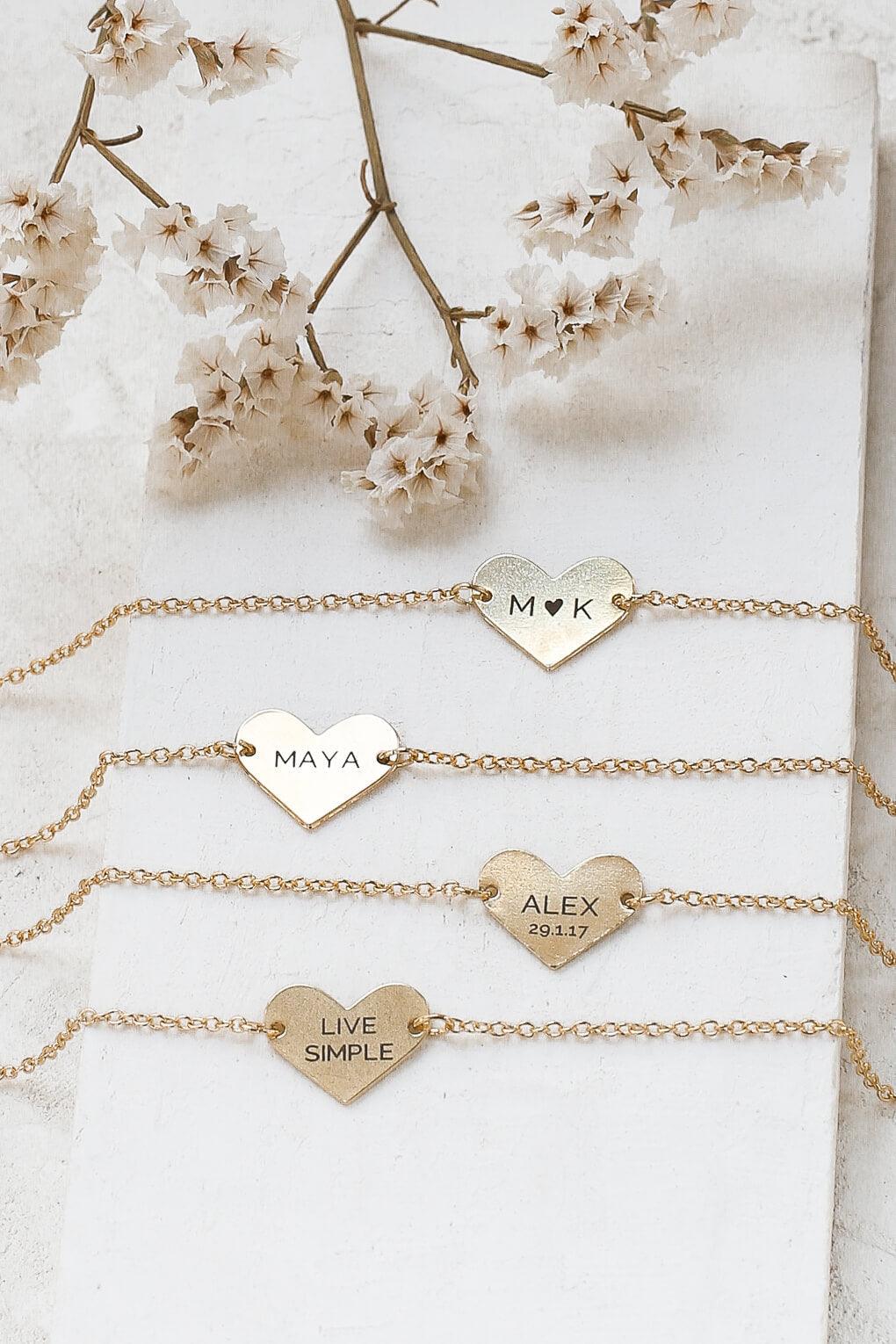 Custom Engraved 14K Gold Heart Bracelet