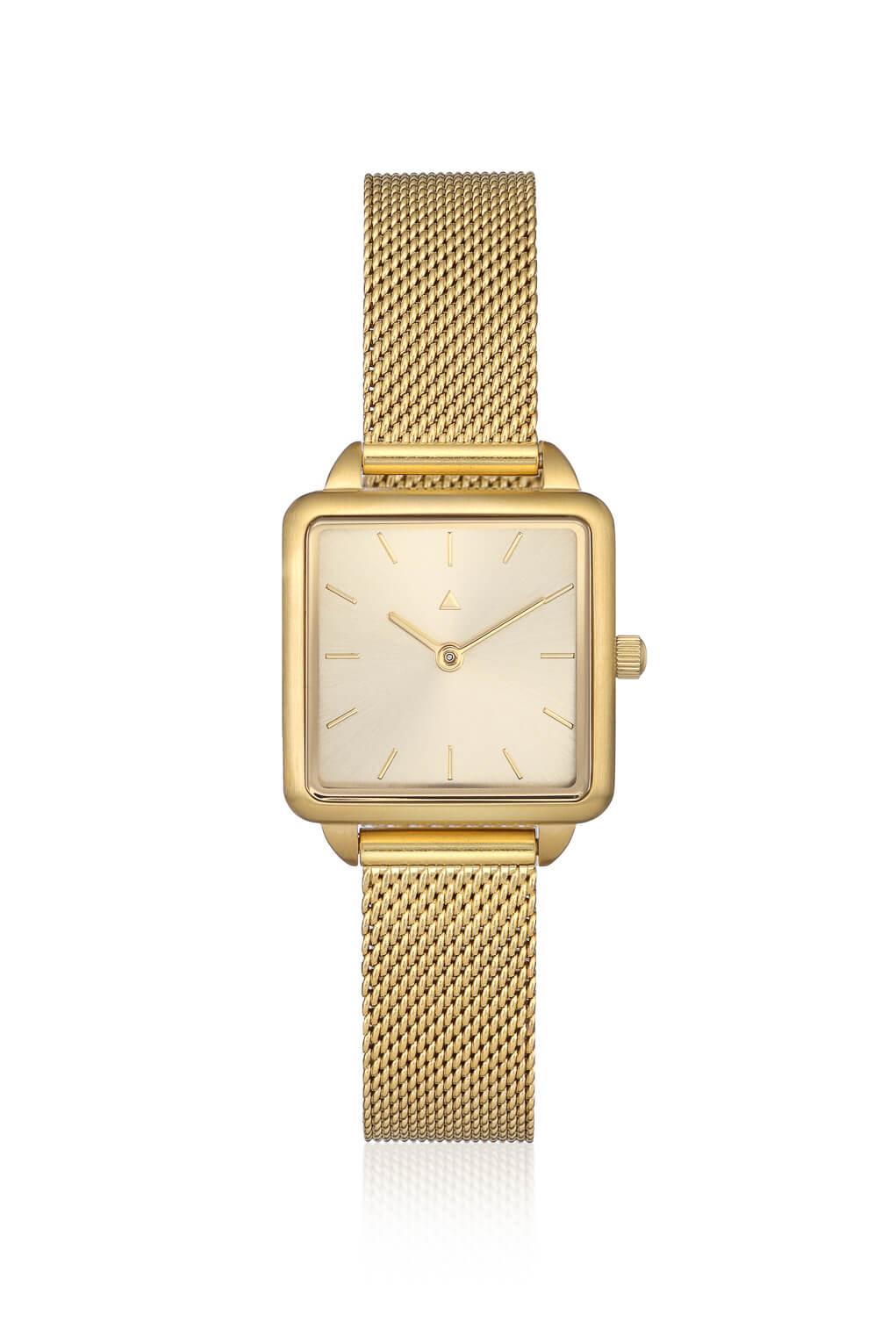 Rectangle watch with a golden mesh strap