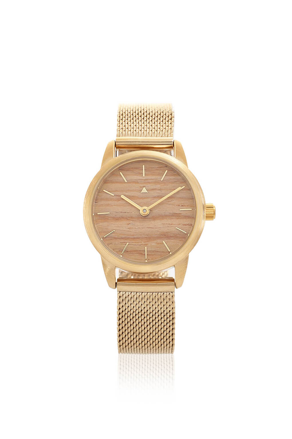 25 mm watch with oak and a golden mesh strap