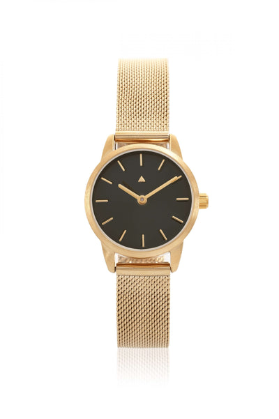 25 mm watch in black with a golden mesh strap