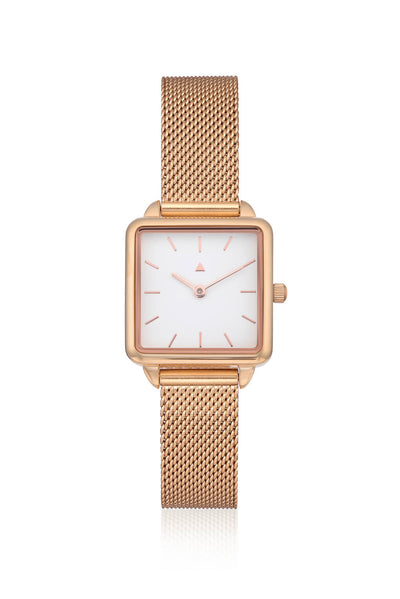 Rectangle watch in rose gold with a mesh strap